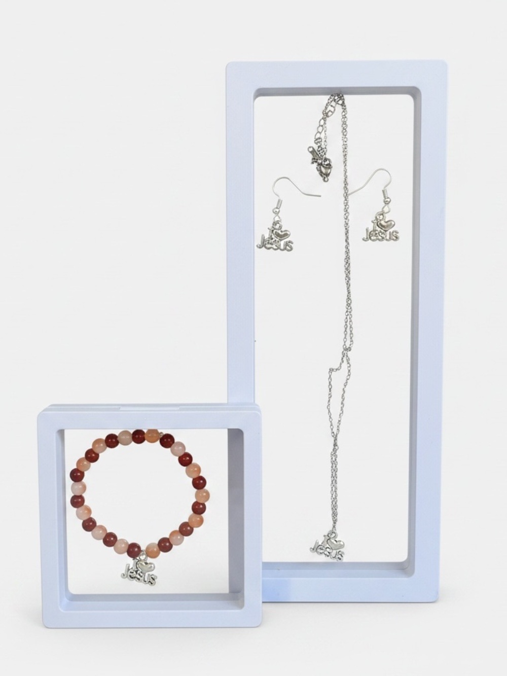 Silver 'Jesus' Necklace, Earrings & Red Bead Bracelet Set new